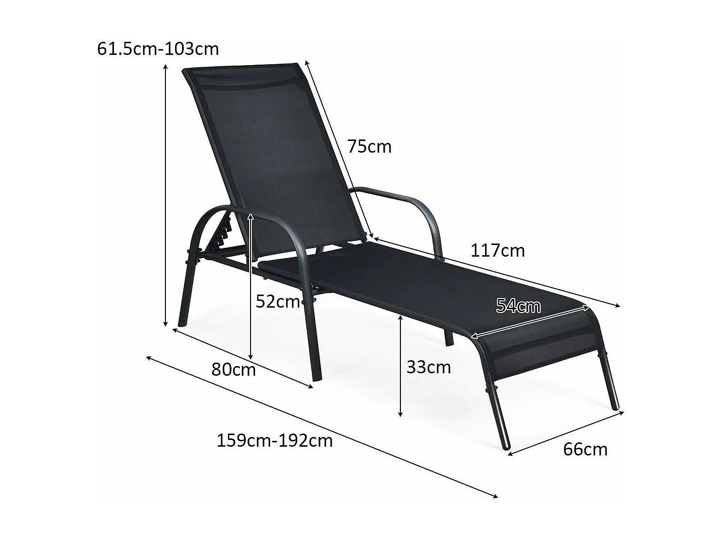 Tuinligstoel, Ligstoel met 5 Verstelbare Rugleuningen, Relatie Ligstoel met Armleuningen voor Strand, Tuin, Balkon, Zwembad