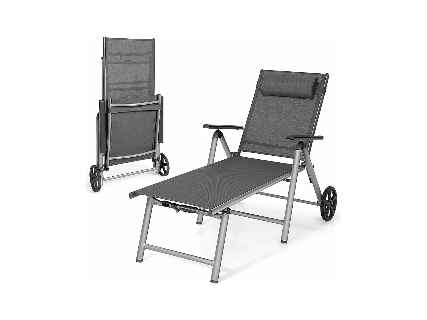 Chaise Longue de Jardin Inclinable Pliable en Aluminium avec Roulettes 7 Dossier Réglable Appuie-Tête Amovible Charge 150KG