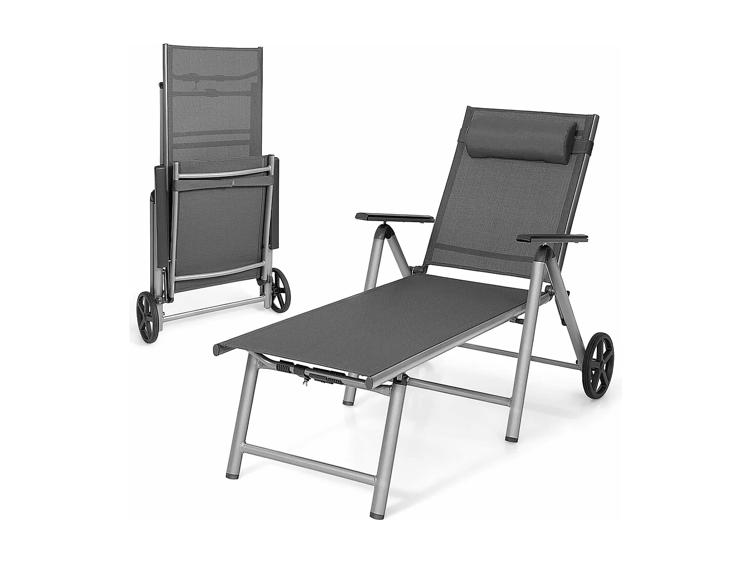 Chaise Longue de Jardin Inclinable Pliable en Aluminium avec Roulettes 7 Dossier Réglable Appuie-Tête Amovible Charge 150KG