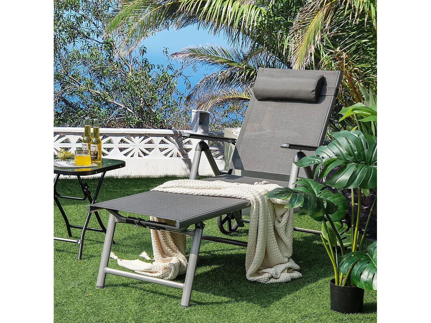 Chaise Longue de Jardin Inclinable Pliable en Aluminium avec Roulettes 7 Dossier Réglable Appuie-Tête Amovible Charge 150KG