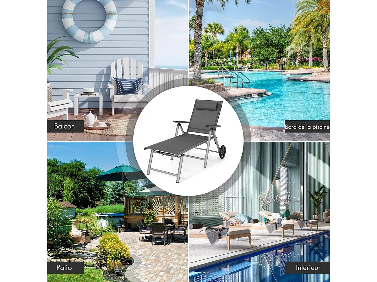 Chaise Longue de Jardin Inclinable Pliable en Aluminium avec Roulettes 7 Dossier Réglable Appuie-Tête Amovible Charge 150KG