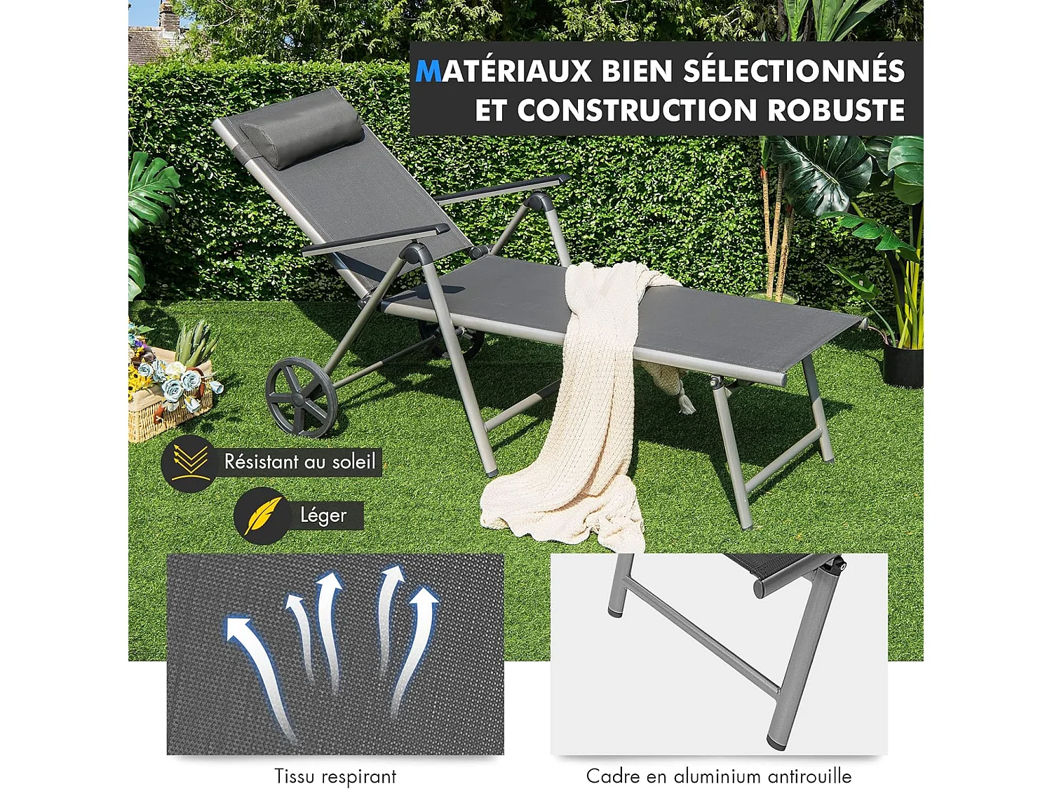 Chaise Longue de Jardin Inclinable Pliable en Aluminium avec Roulettes 7 Dossier Réglable Appuie-Tête Amovible Charge 150KG