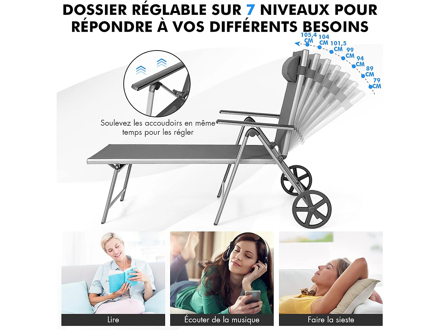Chaise Longue de Jardin Inclinable Pliable en Aluminium avec Roulettes 7 Dossier Réglable Appuie-Tête Amovible Charge 150KG