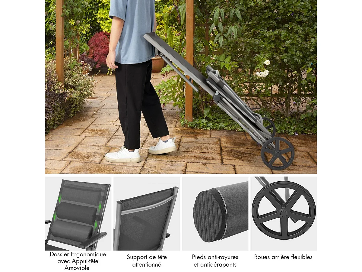 Chaise Longue de Jardin Inclinable Pliable en Aluminium avec Roulettes 7 Dossier Réglable Appuie-Tête Amovible Charge 150KG