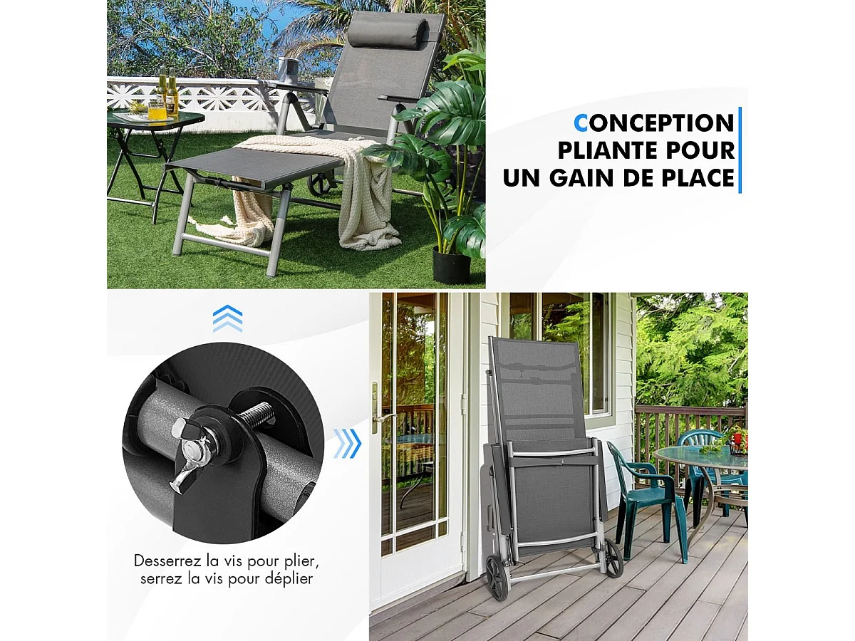 Chaise Longue de Jardin Inclinable Pliable en Aluminium avec Roulettes 7 Dossier Réglable Appuie-Tête Amovible Charge 150KG