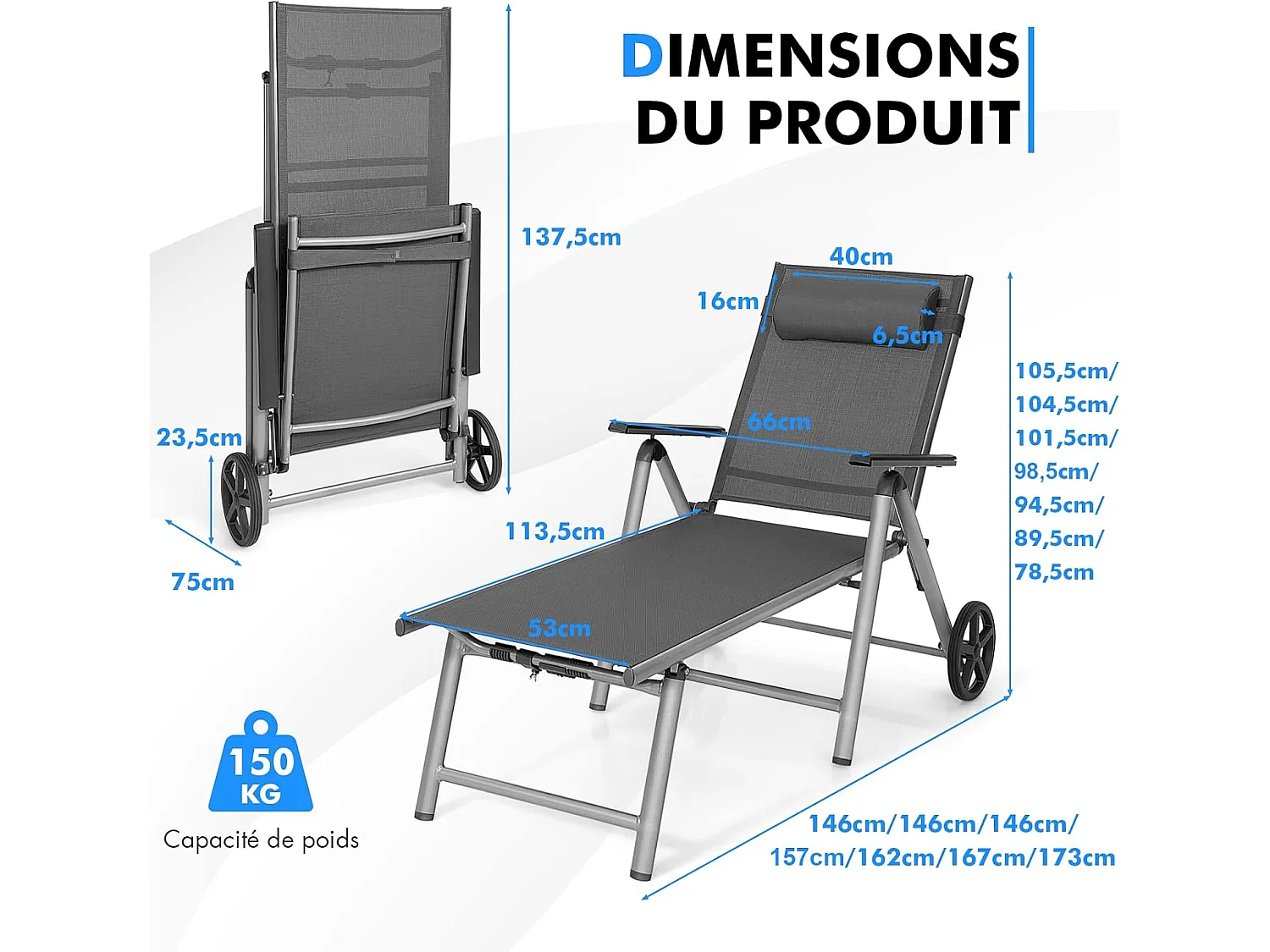 Chaise Longue de Jardin Inclinable Pliable en Aluminium avec Roulettes 7 Dossier Réglable Appuie-Tête Amovible Charge 150KG
