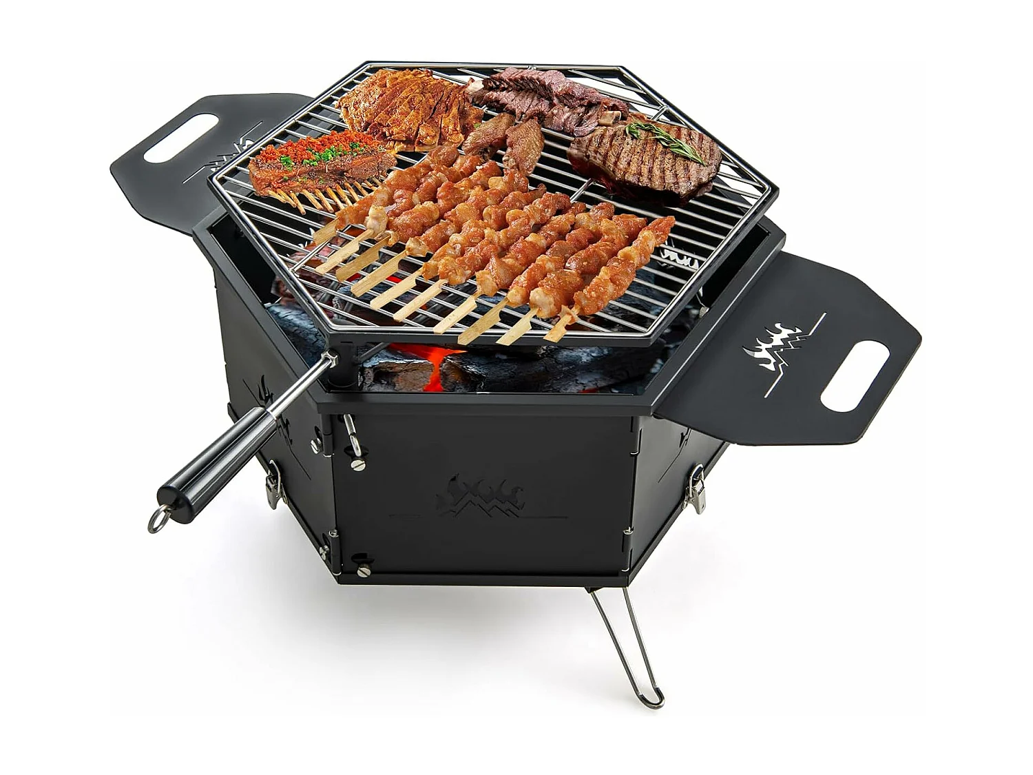Barbecue de Charbon de Bois Portable avec Grille Rotative à 360°, Barbecue Portable avec Poignées Corps et Pieds Pliables, pour Pique-Nique, CamBoisg, Randonnée