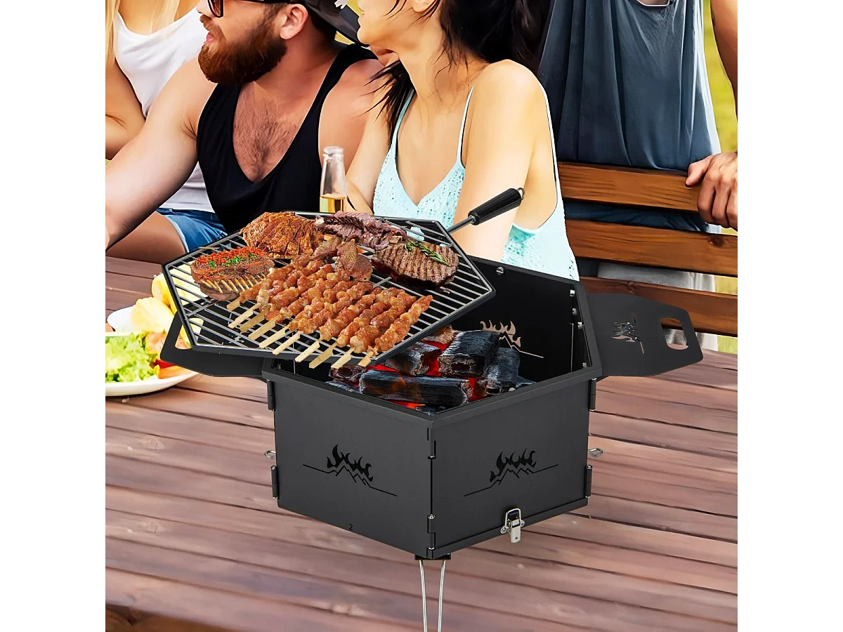 Barbecue de Charbon de Bois Portable avec Grille Rotative à 360°, Barbecue Portable avec Poignées Corps et Pieds Pliables, pour Pique-Nique, CamBoisg, Randonnée