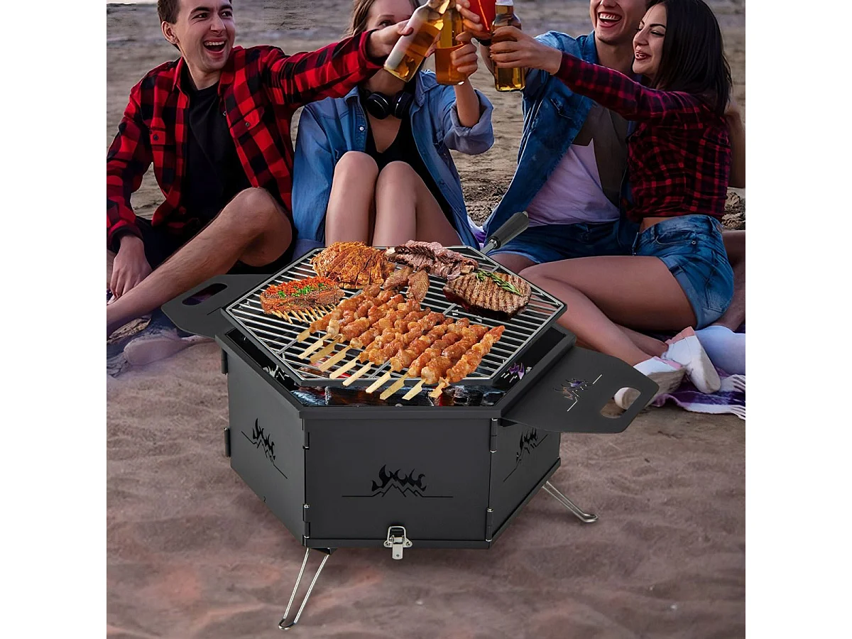 Barbecue de Charbon de Bois Portable avec Grille Rotative à 360°, Barbecue Portable avec Poignées Corps et Pieds Pliables, pour Pique-Nique, CamBoisg, Randonnée