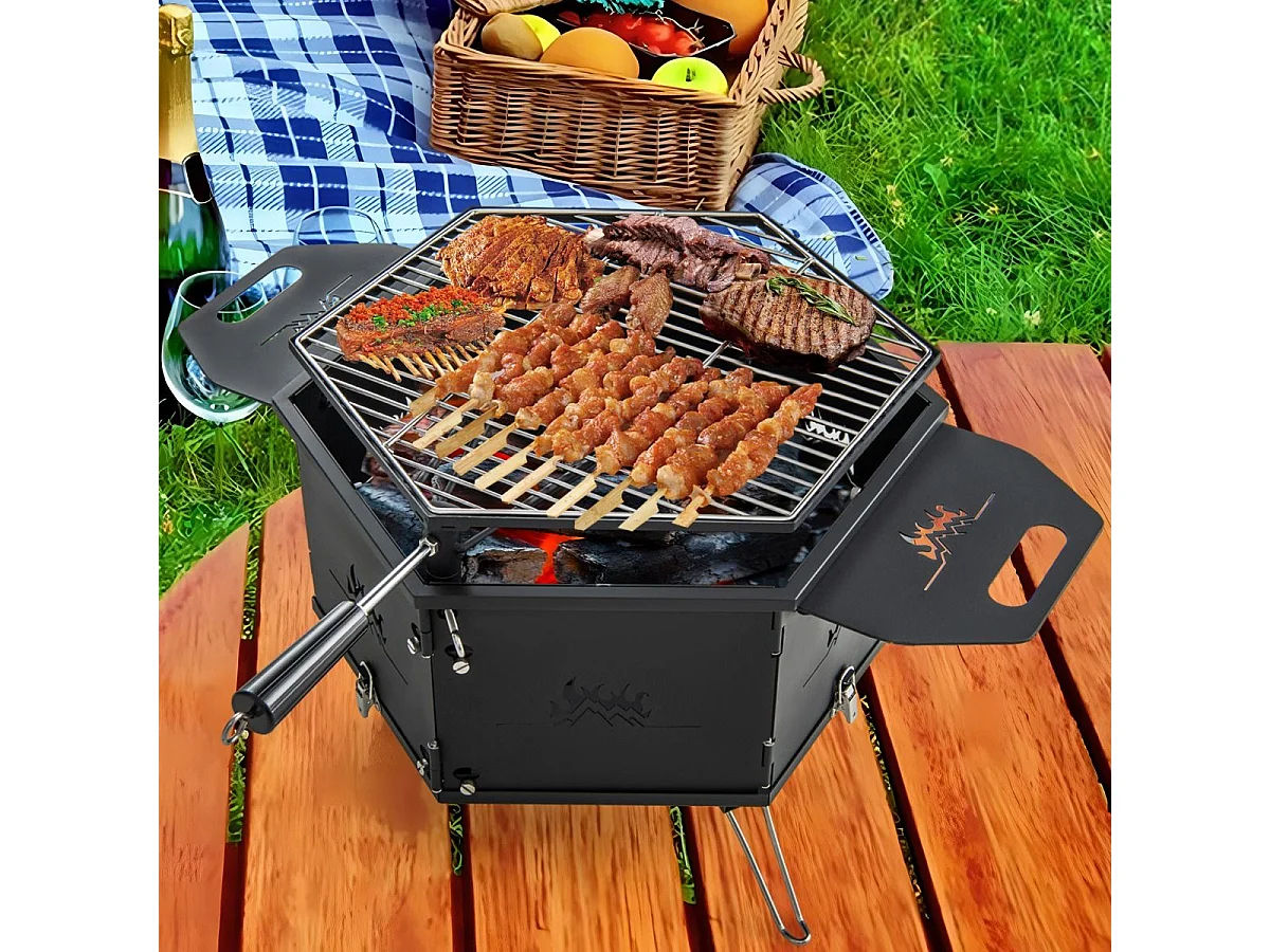Barbecue de Charbon de Bois Portable avec Grille Rotative à 360°, Barbecue Portable avec Poignées Corps et Pieds Pliables, pour Pique-Nique, CamBoisg, Randonnée