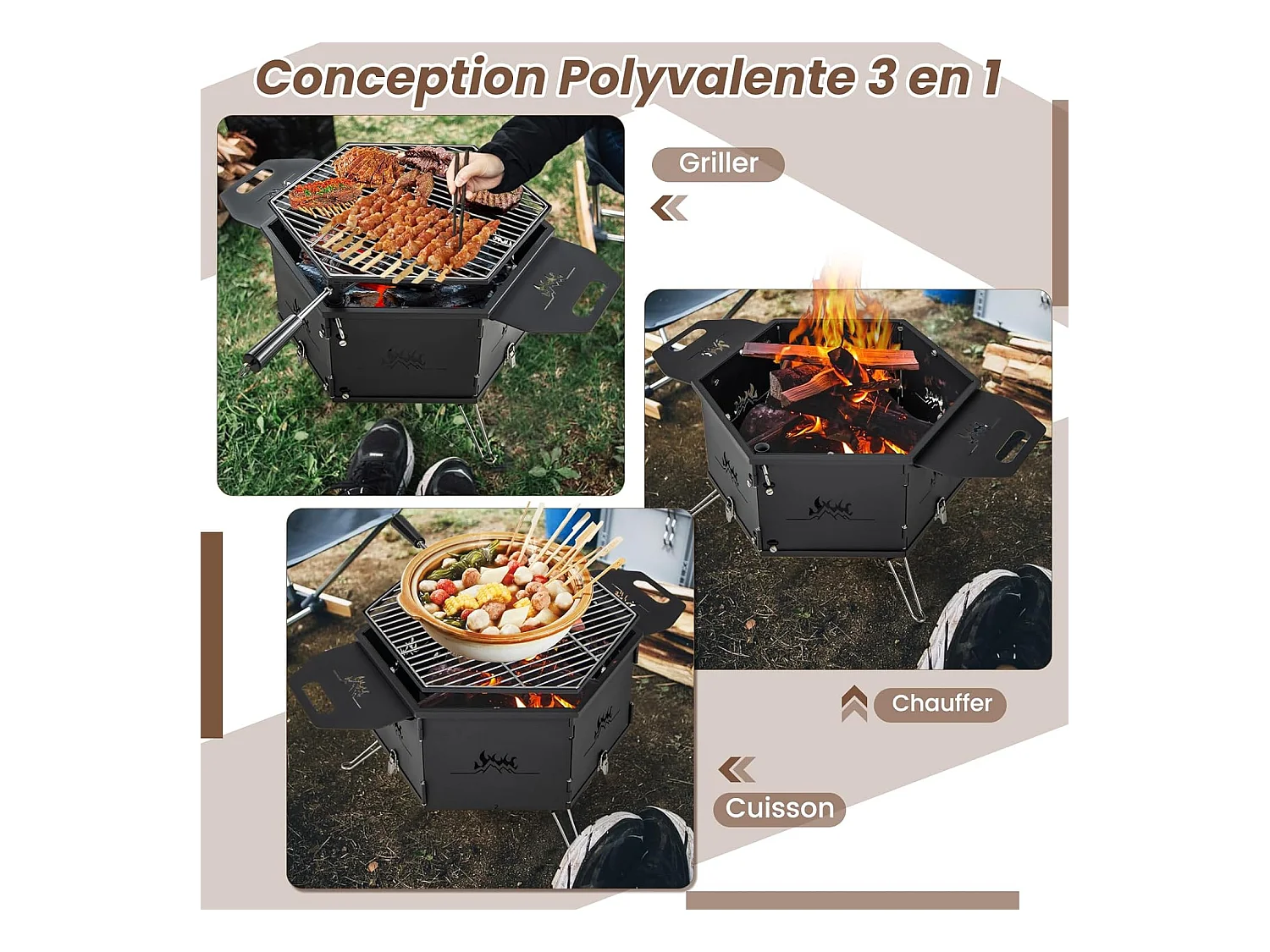 Barbecue de Charbon de Bois Portable avec Grille Rotative à 360°, Barbecue Portable avec Poignées Corps et Pieds Pliables, pour Pique-Nique, CamBoisg, Randonnée