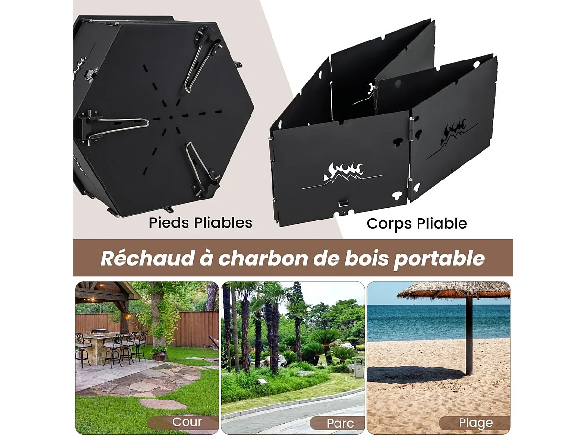 Barbecue de Charbon de Bois Portable avec Grille Rotative à 360°, Barbecue Portable avec Poignées Corps et Pieds Pliables, pour Pique-Nique, CamBoisg, Randonnée