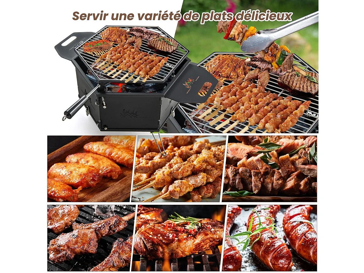 Barbecue de Charbon de Bois Portable avec Grille Rotative à 360°, Barbecue Portable avec Poignées Corps et Pieds Pliables, pour Pique-Nique, CamBoisg, Randonnée