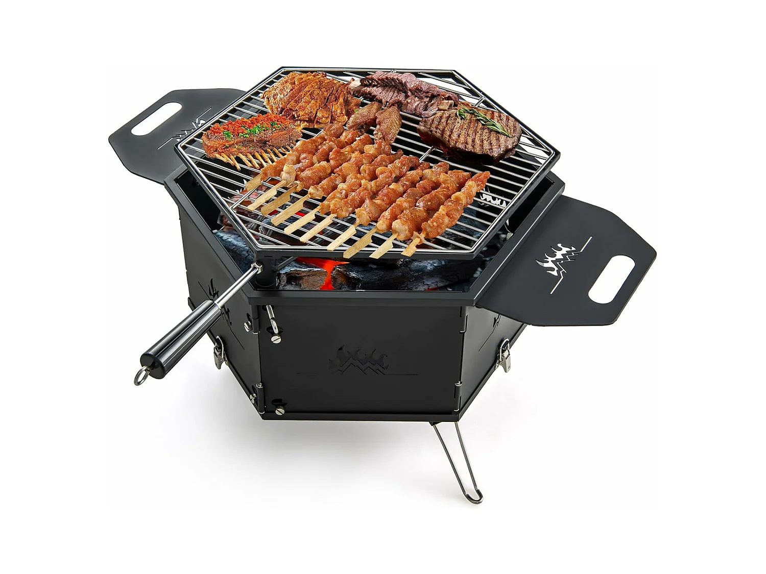 Barbecue de Charbon de Bois Portable avec Grille Rotative à 360°, Barbecue Portable avec Poignées Corps et Pieds Pliables, pour Pique-Nique, CamBoisg, Randonnée