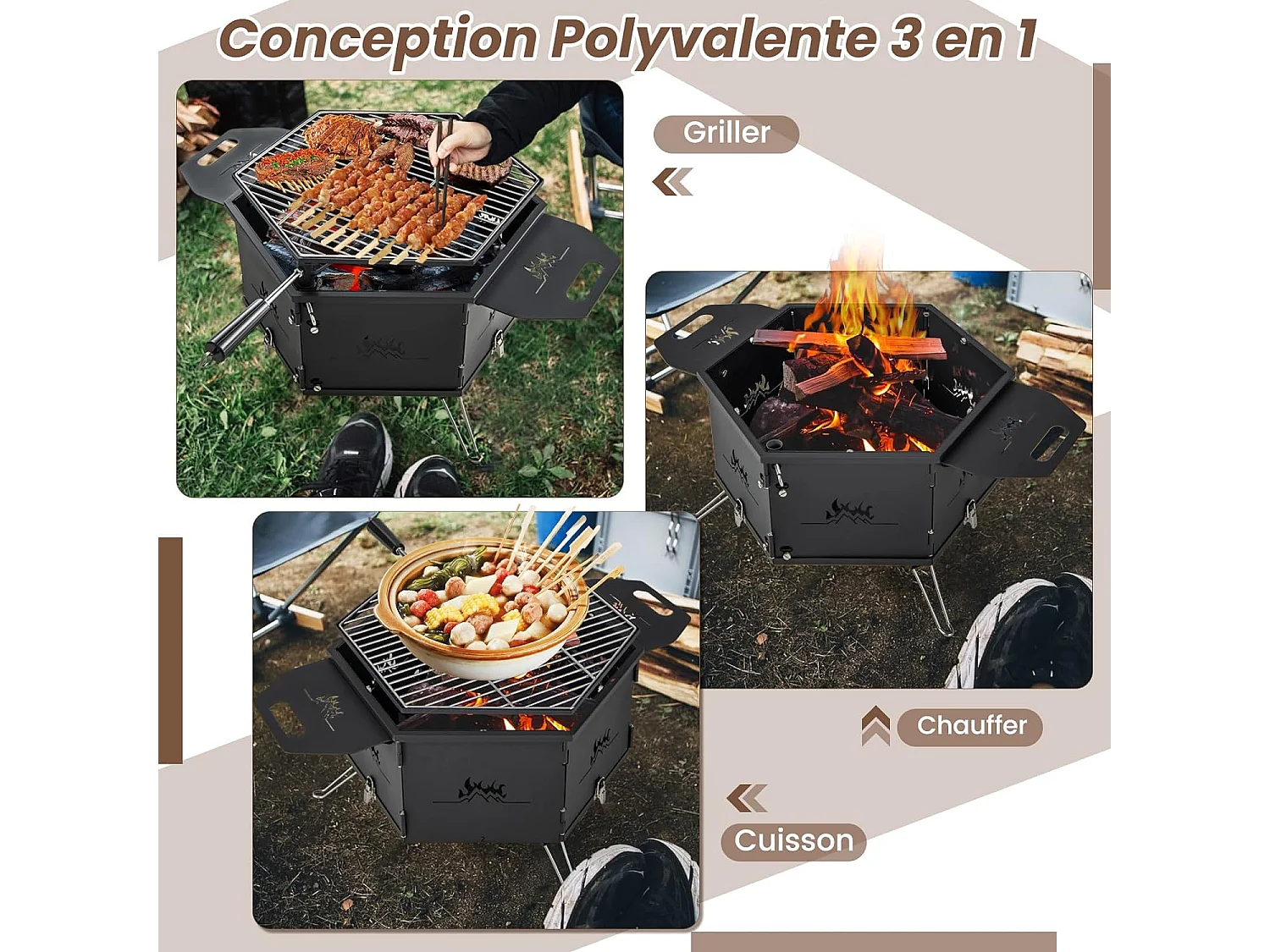 Barbecue de Charbon de Bois Portable avec Grille Rotative à 360°, Barbecue Portable avec Poignées Corps et Pieds Pliables, pour Pique-Nique, CamBoisg, Randonnée