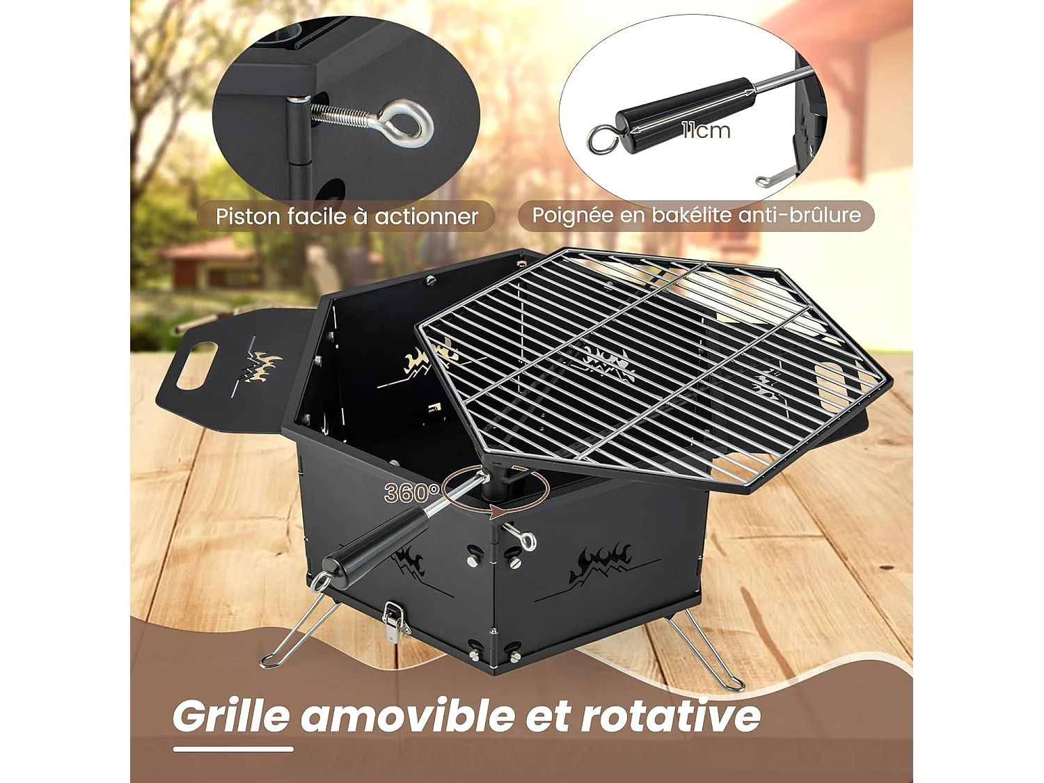 Barbecue de Charbon de Bois Portable avec Grille Rotative à 360°, Barbecue Portable avec Poignées Corps et Pieds Pliables, pour Pique-Nique, CamBoisg, Randonnée
