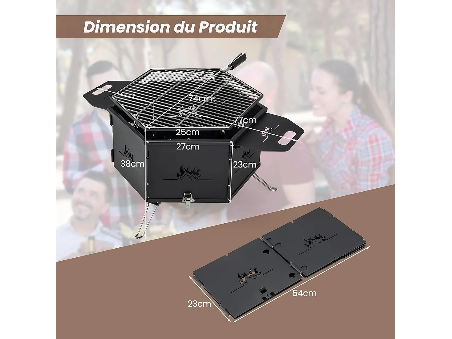 Barbecue de Charbon de Bois Portable avec Grille Rotative à 360°, Barbecue Portable avec Poignées Corps et Pieds Pliables, pour Pique-Nique, CamBoisg, Randonnée