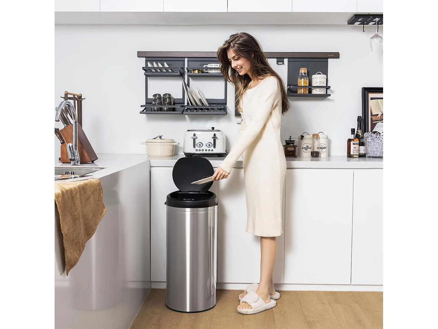 Poubelle Cuisine Automatique 30 Litres en Acier Métal avec Cerclage, Poubelle à Capteur Automatique Fermeture Douce, Anti-Empreintes