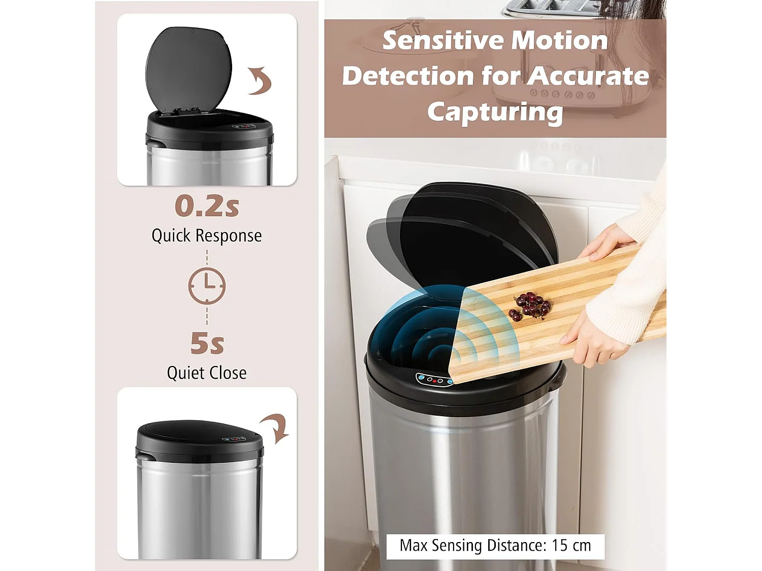 Poubelle Cuisine Automatique 30 Litres en Acier Métal avec Cerclage, Poubelle à Capteur Automatique Fermeture Douce, Anti-Empreintes