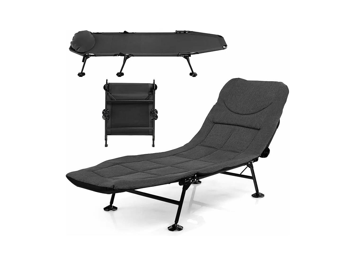 Lit de Camp Pliable 1 Personne, Lit CamBoisg Pliant Portable Léger à Dossier Réglable 6 Positions, Lit de Camp Extérieur Intérieur Inclinable pour Bureau Maison Voyage, Charge 200 KG,Gris