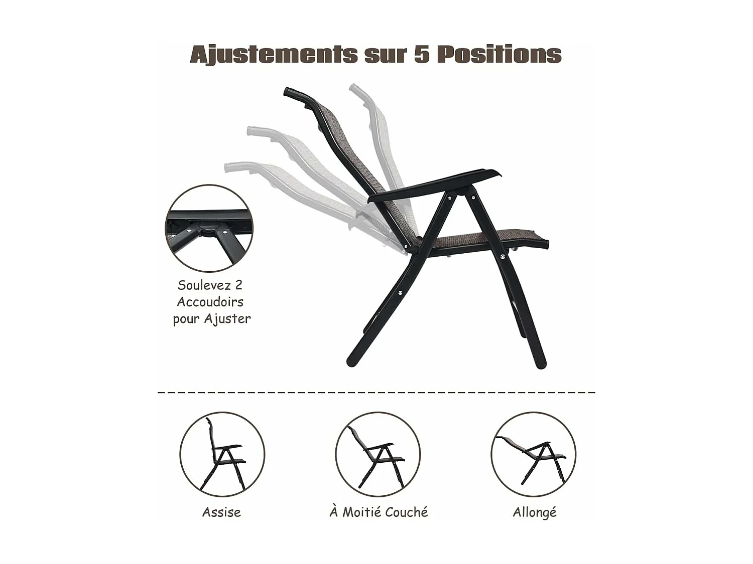 Chaises Pliantes de Jardin en Rotin et fibre naturelle, 2 Pièces avec Dossier Réglable pour Extérieur&Intérieur, 71x58x111cm, Marron