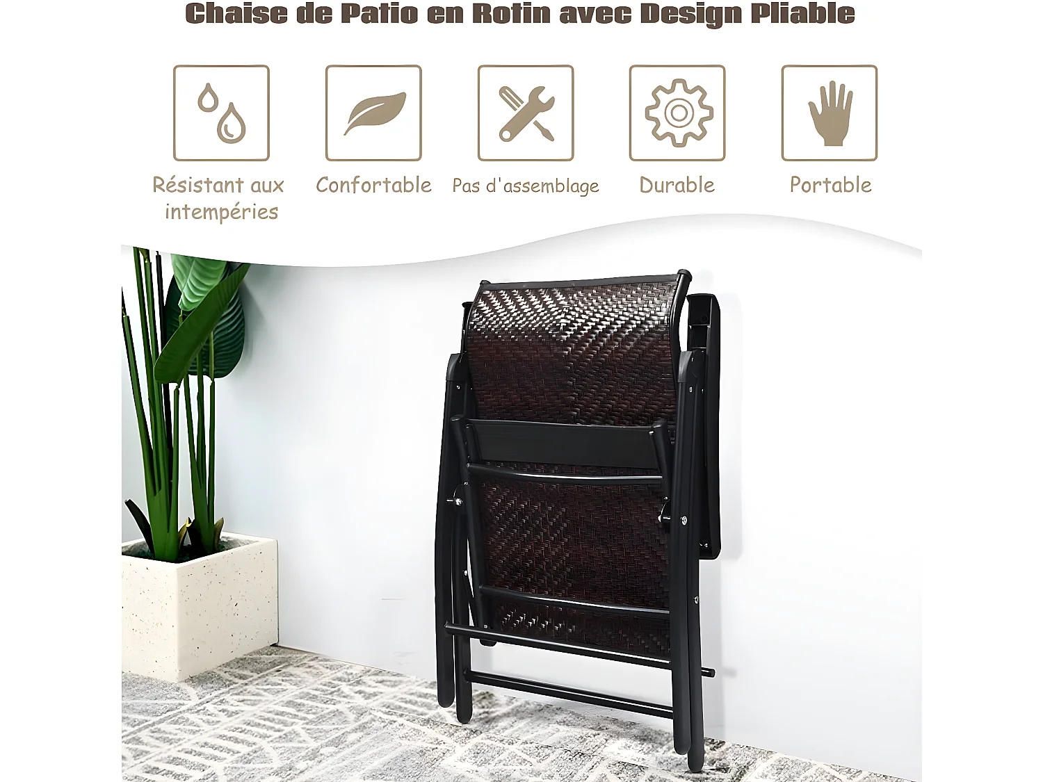 Chaises Pliantes de Jardin en Rotin et fibre naturelle, 2 Pièces avec Dossier Réglable pour Extérieur&Intérieur, 71x58x111cm, Marron
