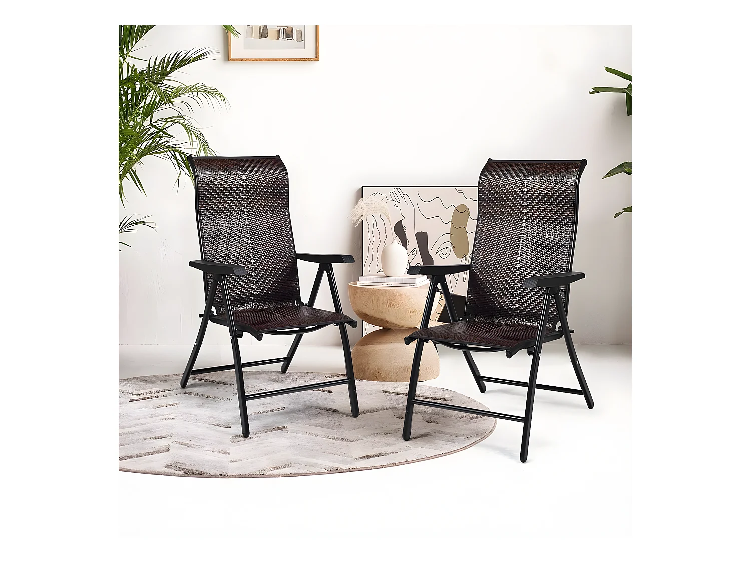 Chaises Pliantes de Jardin en Rotin et fibre naturelle, 2 Pièces avec Dossier Réglable pour Extérieur&Intérieur, 71x58x111cm, Marron