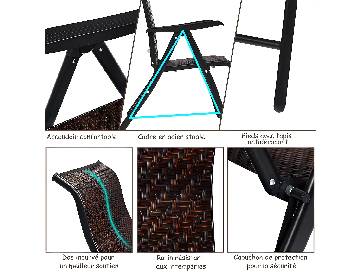 Chaises Pliantes de Jardin en Rotin et fibre naturelle, 2 Pièces avec Dossier Réglable pour Extérieur&Intérieur, 71x58x111cm, Marron