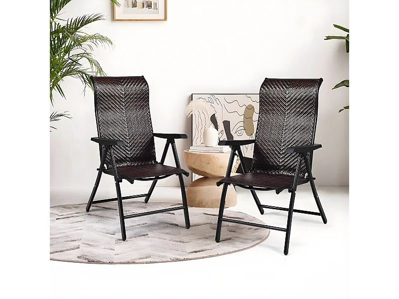 Chaises Pliantes de Jardin en Rotin et fibre naturelle, 2 Pièces avec Dossier Réglable pour Extérieur&Intérieur, 71x58x111cm, Marron