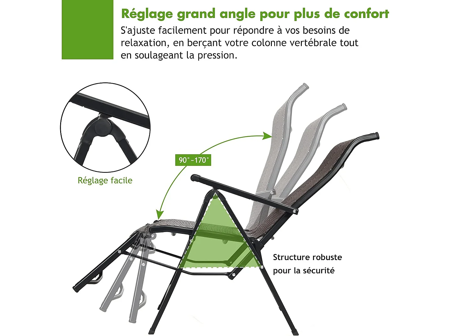 Chaise de Jardin Pliante en Rotin et fibre naturelle, Fauteuil d’Extérieur Inclinable avec Dossier Réglable et Cadre en Métal, 59 x 68 x 113 cm Marron (1 pièce)