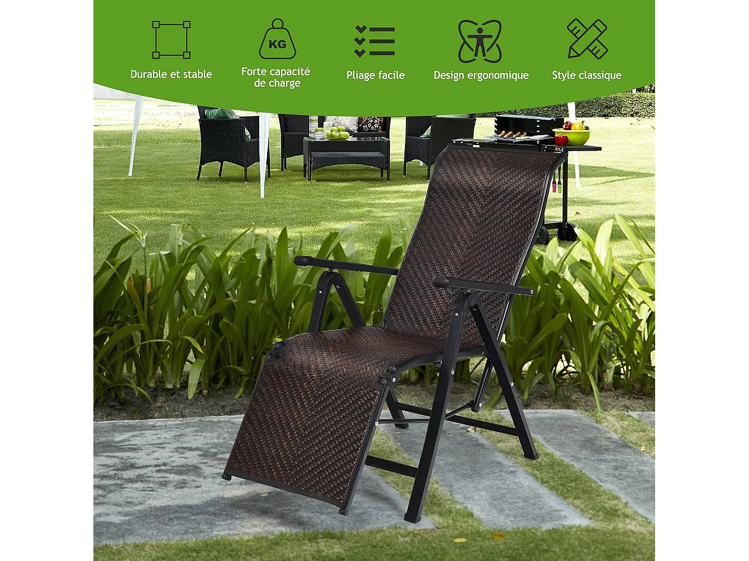 Chaise de Jardin Pliante en Rotin et fibre naturelle, Fauteuil d’Extérieur Inclinable avec Dossier Réglable et Cadre en Métal, 59 x 68 x 113 cm Marron (1 pièce)