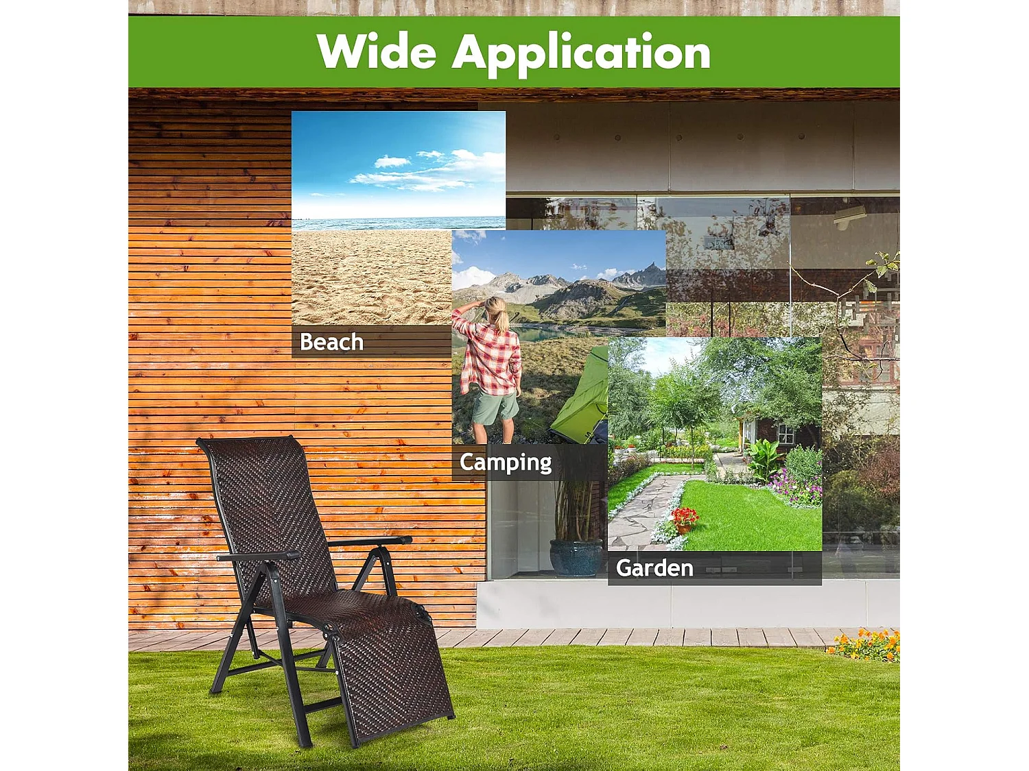 Chaise de Jardin Pliante en Rotin et fibre naturelle, Fauteuil d’Extérieur Inclinable avec Dossier Réglable et Cadre en Métal, 59 x 68 x 113 cm Marron (1 pièce)