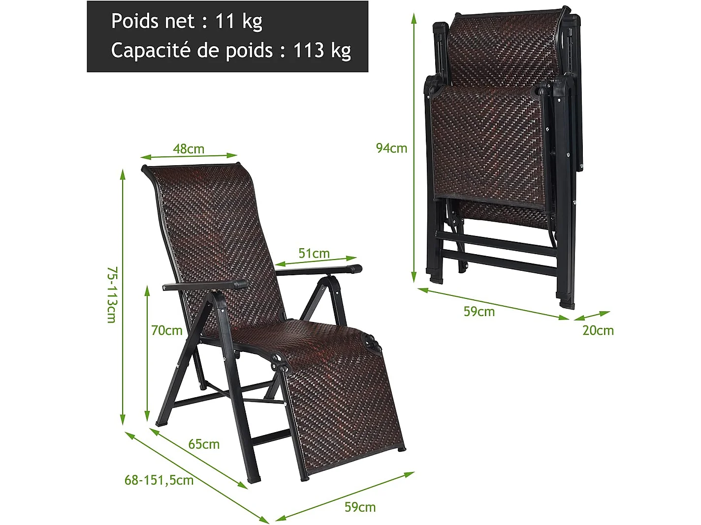 Chaise de Jardin Pliante en Rotin et fibre naturelle, Fauteuil d’Extérieur Inclinable avec Dossier Réglable et Cadre en Métal, 59 x 68 x 113 cm Marron (1 pièce)