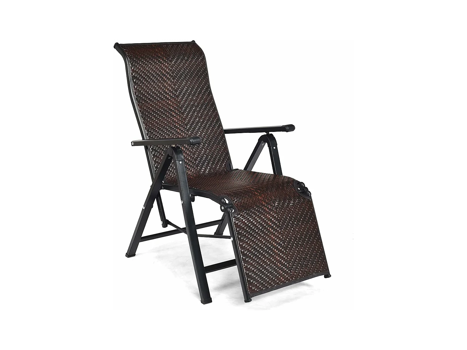 Chaise de Jardin Pliante en Rotin et fibre naturelle, Fauteuil d’Extérieur Inclinable avec Dossier Réglable et Cadre en Métal, 59 x 68 x 113 cm Marron (1 pièce)