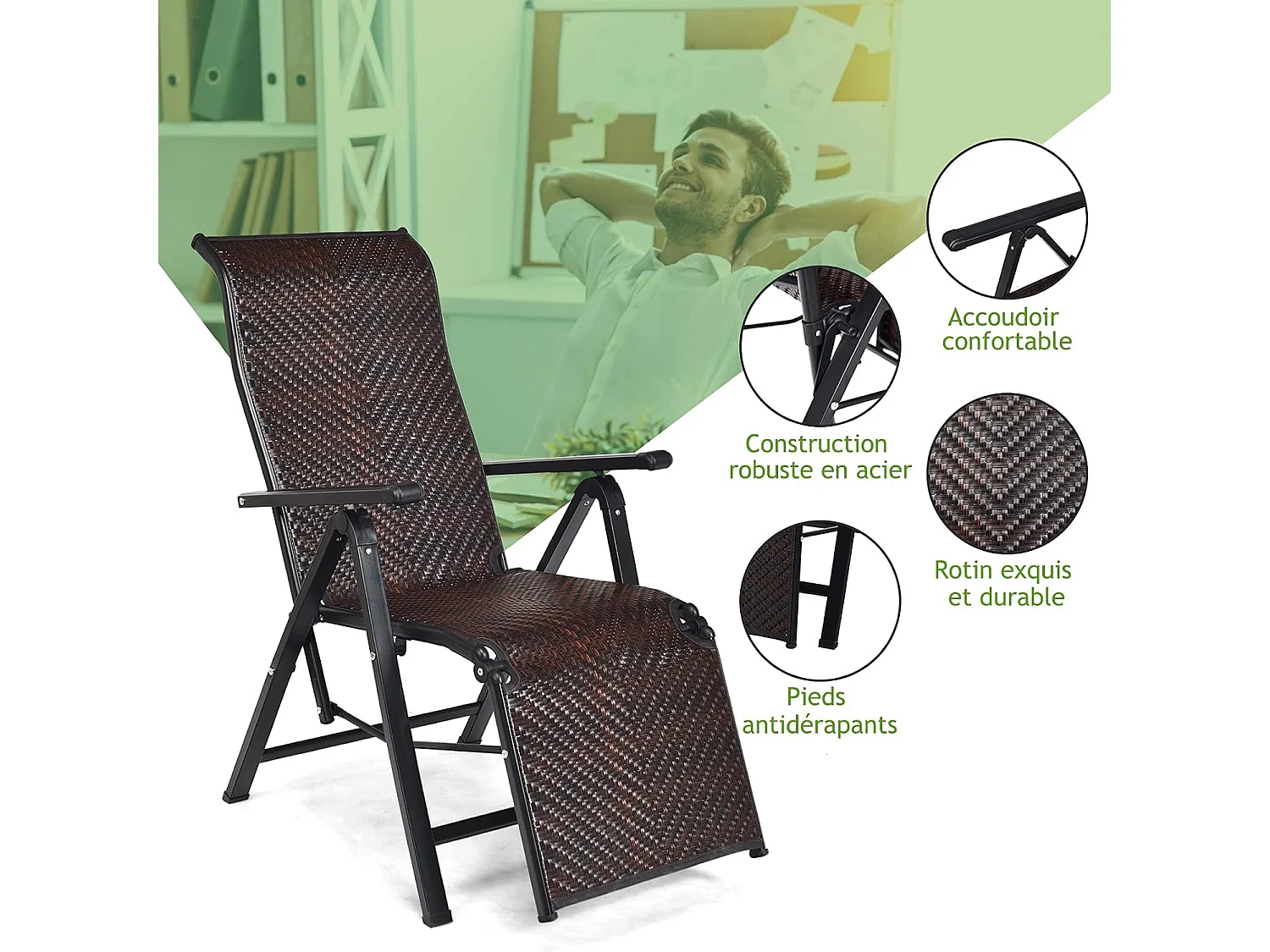 Chaise de Jardin Pliante en Rotin et fibre naturelle, Fauteuil d’Extérieur Inclinable avec Dossier Réglable et Cadre en Métal, 59 x 68 x 113 cm Marron (1 pièce)