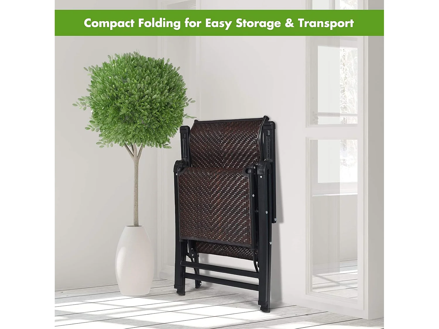 Chaise de Jardin Pliante en Rotin et fibre naturelle, Fauteuil d’Extérieur Inclinable avec Dossier Réglable et Cadre en Métal, 59 x 68 x 113 cm Marron (1 pièce)