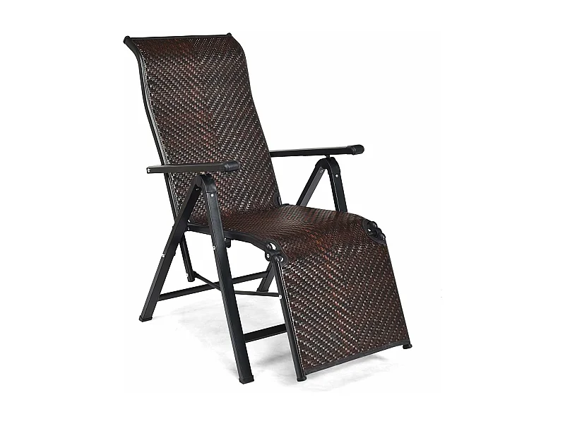 Chaise de Jardin Pliante en Rotin et fibre naturelle, Fauteuil d’Extérieur Inclinable avec Dossier Réglable et Cadre en Métal, 59 x 68 x 113 cm Marron (1 pièce)