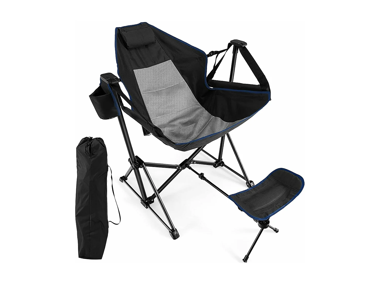 Chaise de CamBoisg Pliante Inclinable avec Repose-pieds Rétractable Oreiller de Tête Sac de Transport Porte-gobelet Pêche Noir