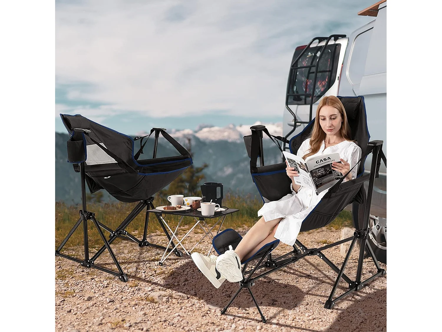 Chaise de CamBoisg Pliante Inclinable avec Repose-pieds Rétractable Oreiller de Tête Sac de Transport Porte-gobelet Pêche Noir