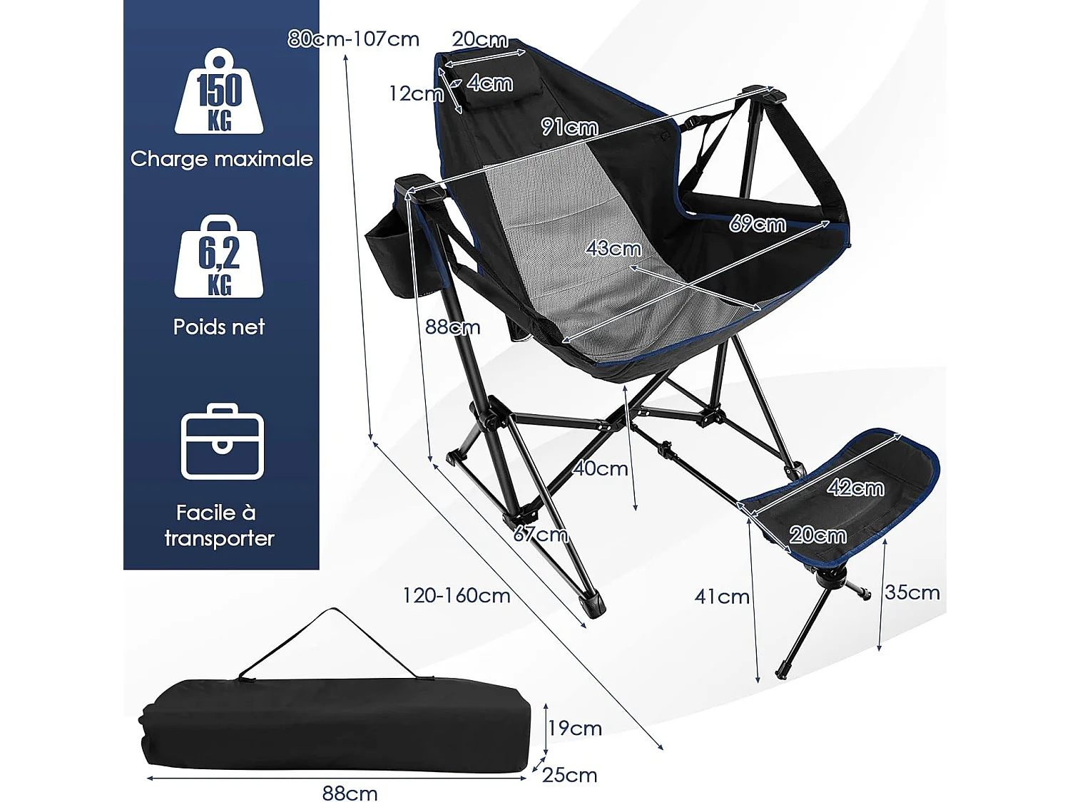 Chaise de CamBoisg Pliante Inclinable avec Repose-pieds Rétractable Oreiller de Tête Sac de Transport Porte-gobelet Pêche Noir