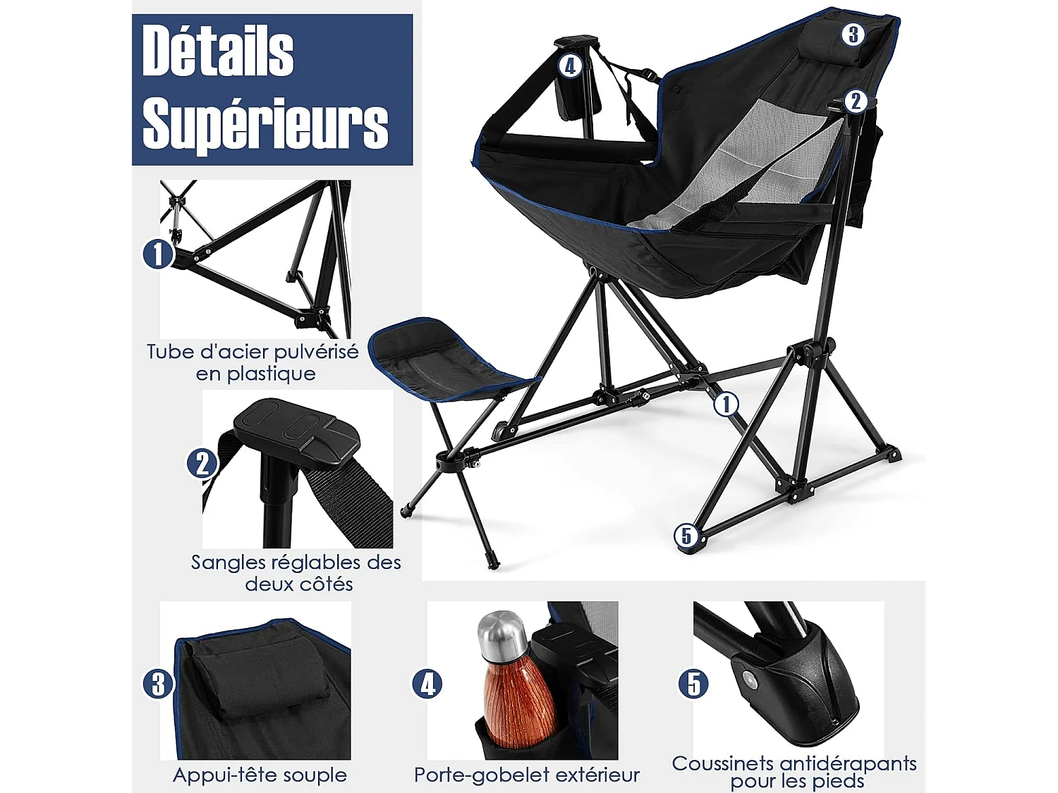 Chaise de CamBoisg Pliante Inclinable avec Repose-pieds Rétractable Oreiller de Tête Sac de Transport Porte-gobelet Pêche Noir