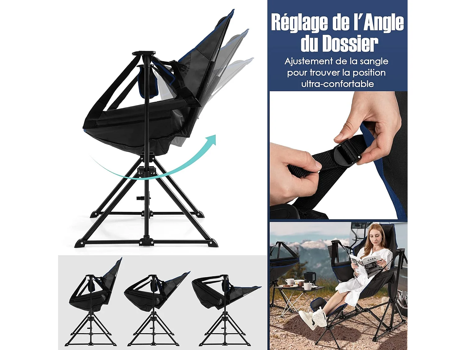 Chaise de CamBoisg Pliante Inclinable avec Repose-pieds Rétractable Oreiller de Tête Sac de Transport Porte-gobelet Pêche Noir