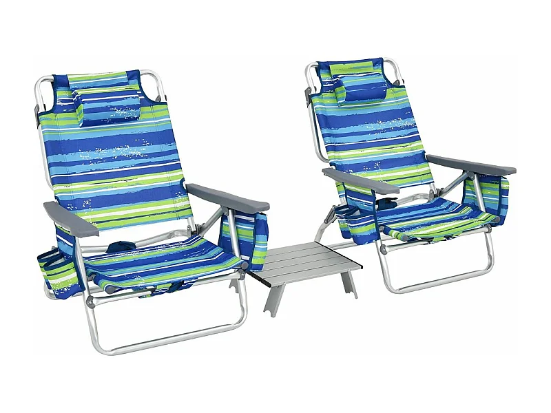Set van 2 opvouwbare strandstoelen met oprolbare tafel in aluminium, 5-positie verstelbare tuinstoel, max. belasting 136 kg (blauw + groen)