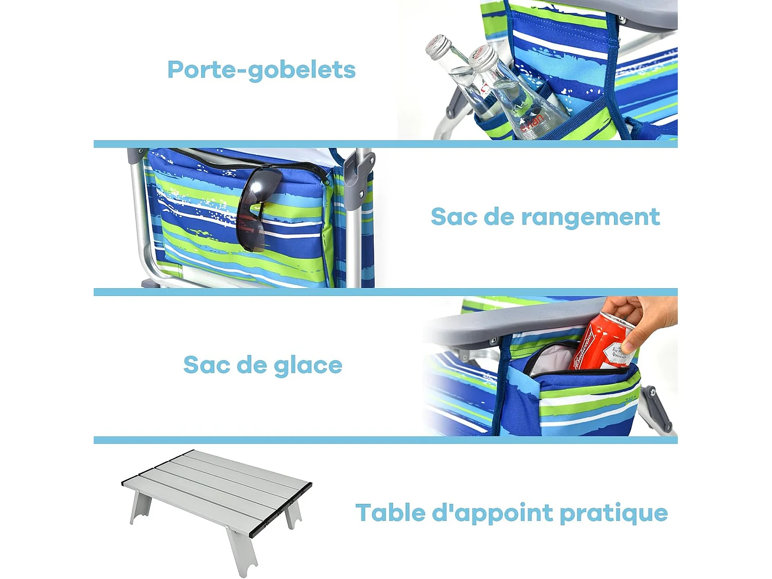 Set van 2 opvouwbare strandstoelen met oprolbare tafel in aluminium, 5-positie verstelbare tuinstoel, max. belasting 136 kg (blauw + groen)