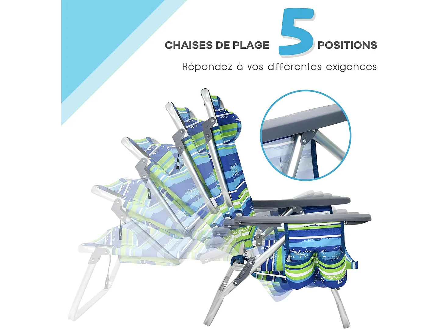 Set van 2 opvouwbare strandstoelen met oprolbare tafel in aluminium, 5-positie verstelbare tuinstoel, max. belasting 136 kg (blauw + groen)