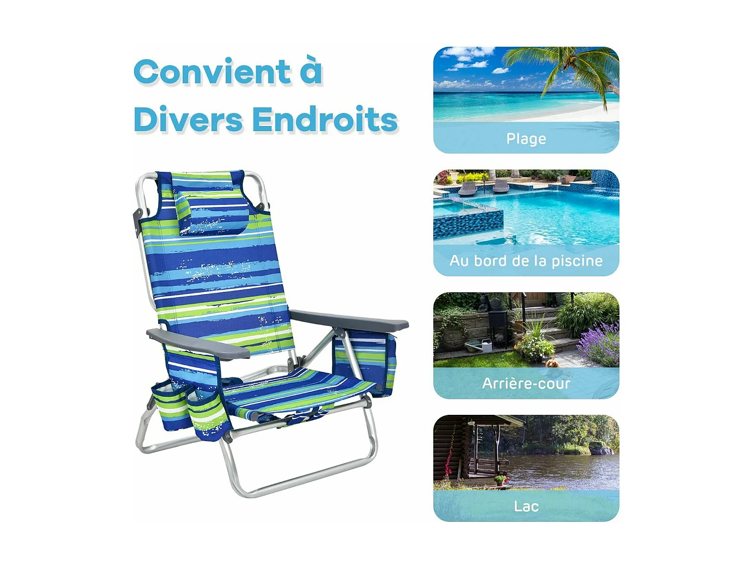 Set van 2 opvouwbare strandstoelen met oprolbare tafel in aluminium, 5-positie verstelbare tuinstoel, max. belasting 136 kg (blauw + groen)