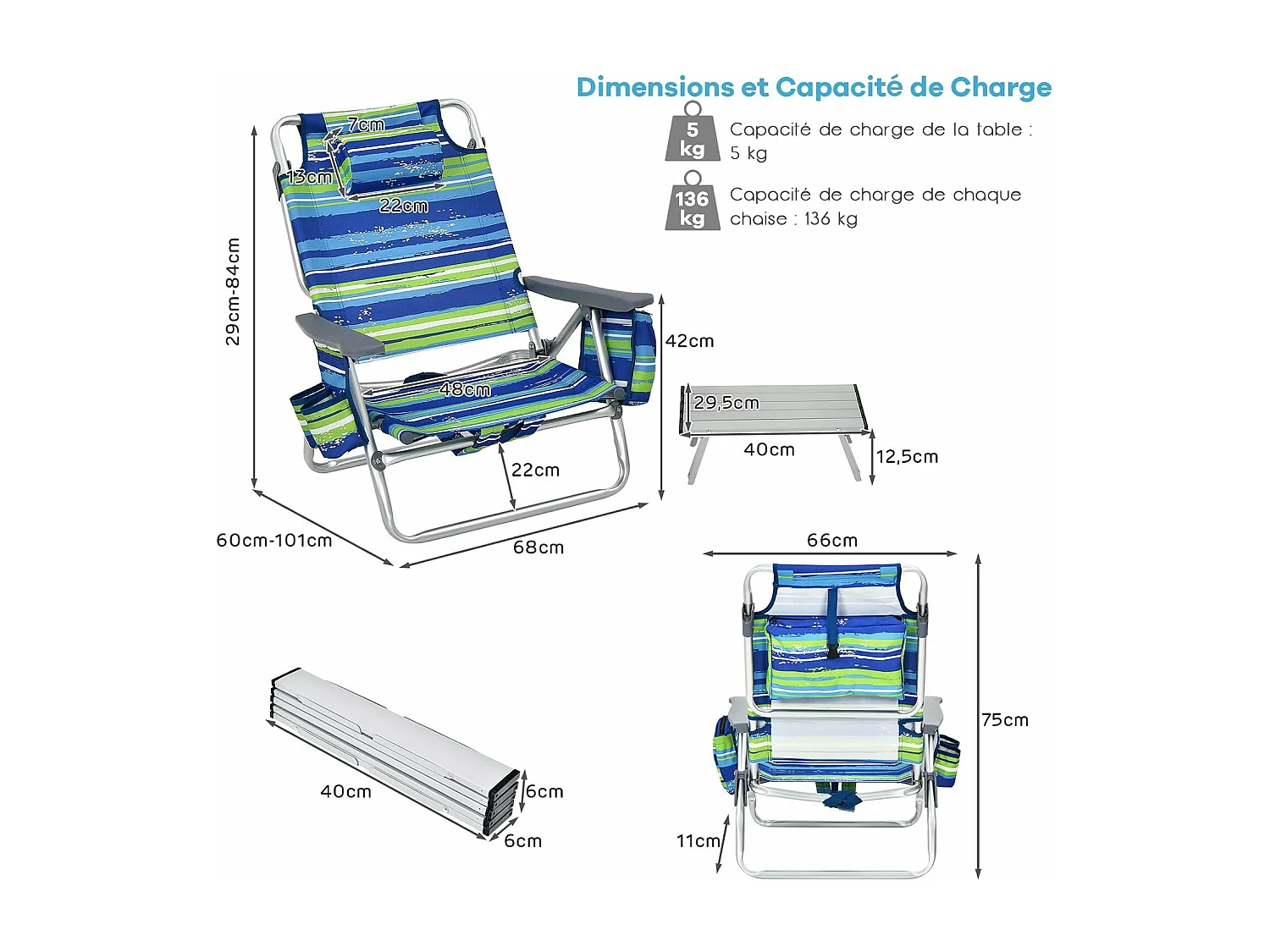 Set van 2 opvouwbare strandstoelen met oprolbare tafel in aluminium, 5-positie verstelbare tuinstoel, max. belasting 136 kg (blauw + groen)