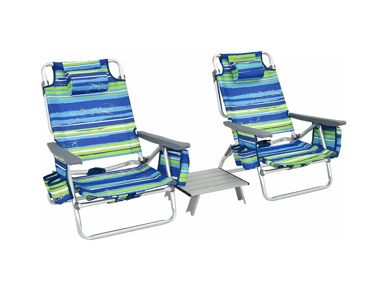 Lot de 2 Chaises de Plage Pliante avec Table Enroulable en Aluminium, Fauteuil de Jardin Inclinables à 5 Positions Charge Max 136 KG (Bleu+Vert)