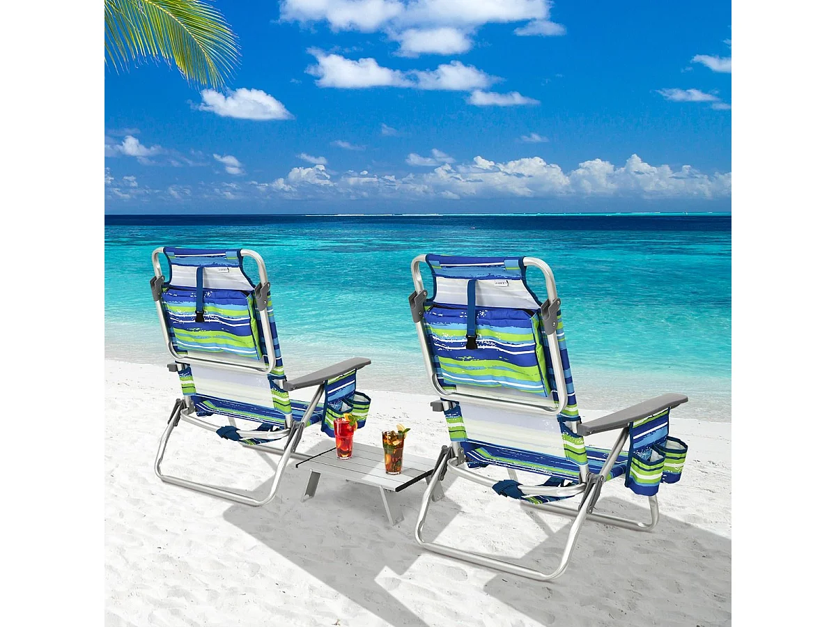 Lot de 2 Chaises de Plage Pliante avec Table Enroulable en Aluminium, Fauteuil de Jardin Inclinables à 5 Positions Charge Max 136 KG (Bleu+Vert)