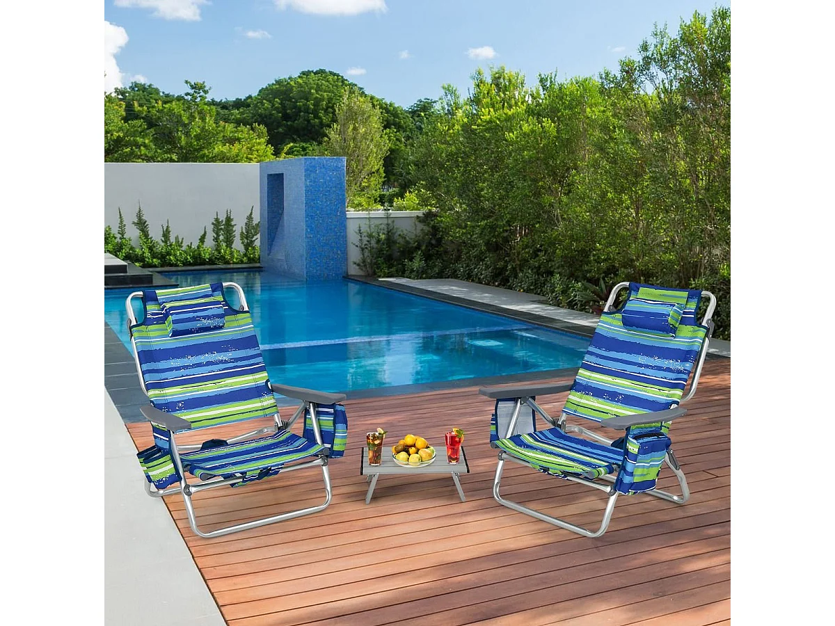 Lot de 2 Chaises de Plage Pliante avec Table Enroulable en Aluminium, Fauteuil de Jardin Inclinables à 5 Positions Charge Max 136 KG (Bleu+Vert)
